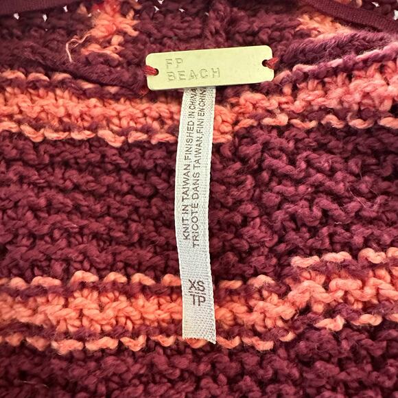 Free People Coastal Beach Chunky Knit Long Cardigan Maroon & Pink Stripe - XS - Picture 6 of 7